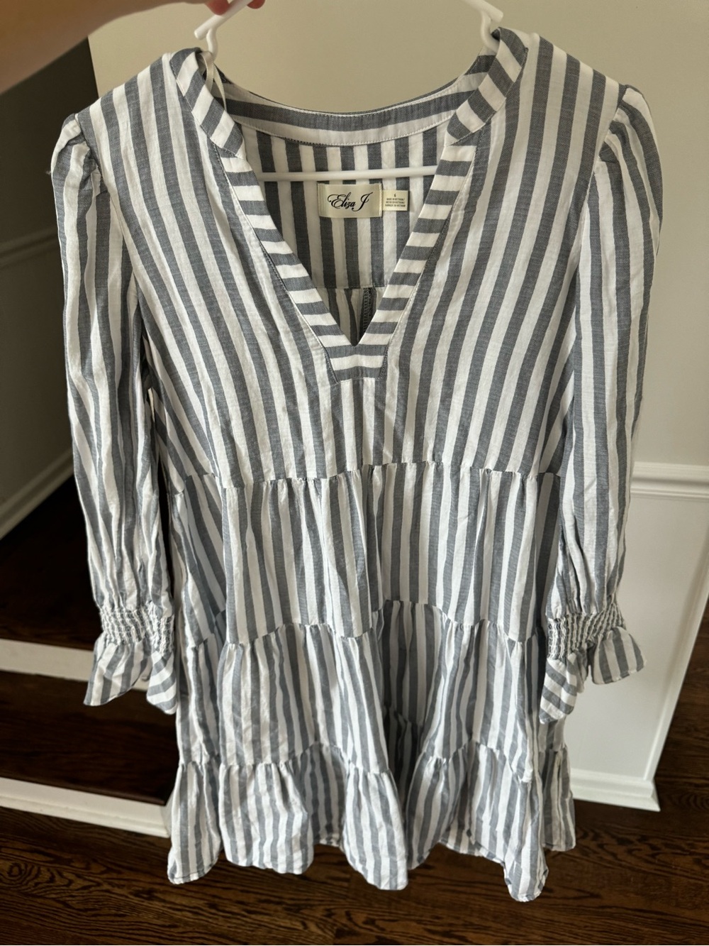 Eliza J Blue and White Striped Tiered V-Neck Dress